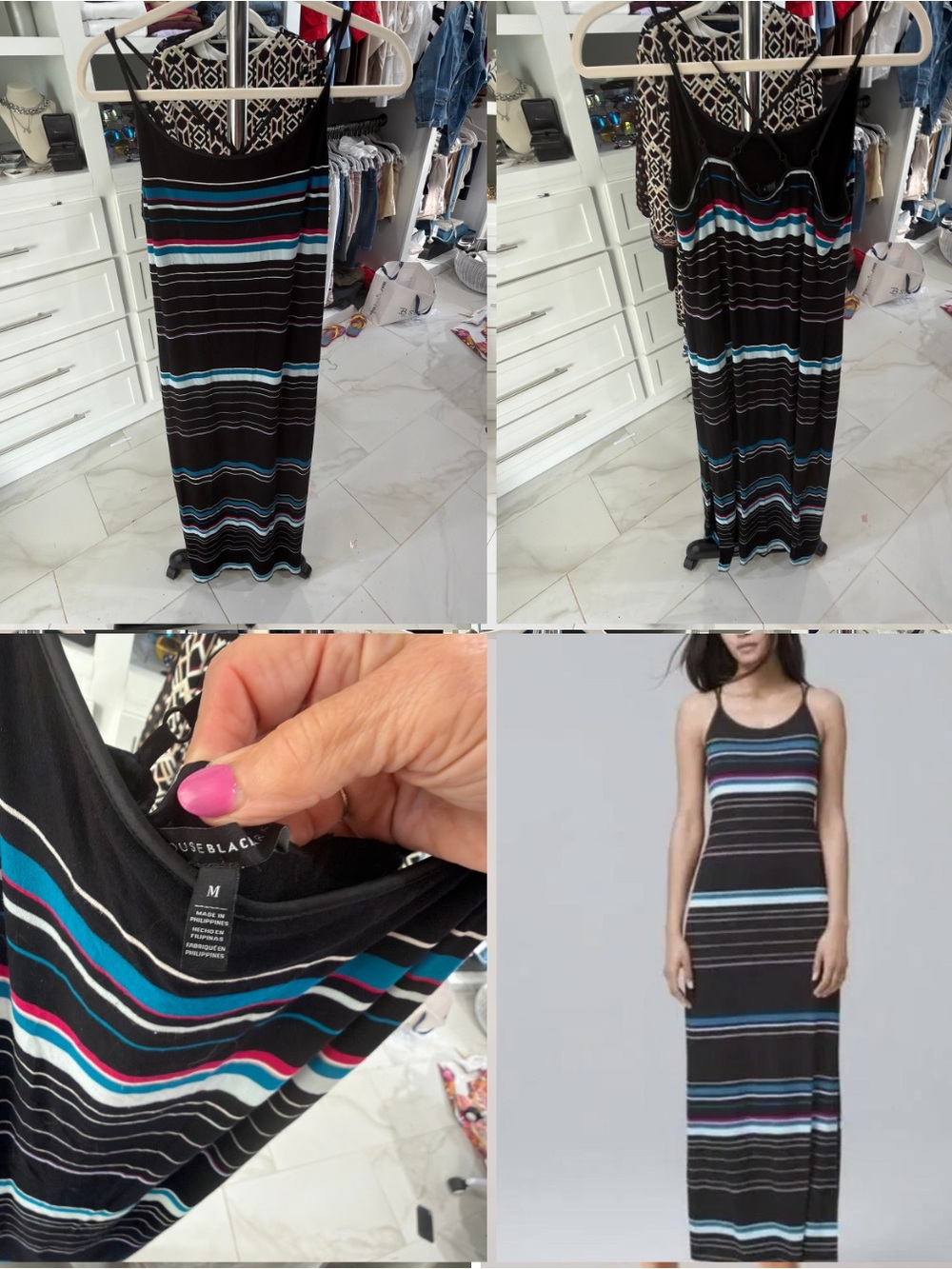 White House Black Market Black Maxi Dress with Blue, Teal & White Stripes